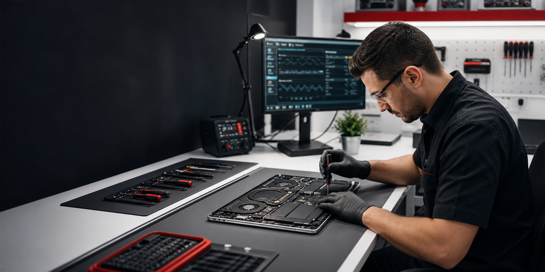 Professional computer repair workbench with laptop service in progress