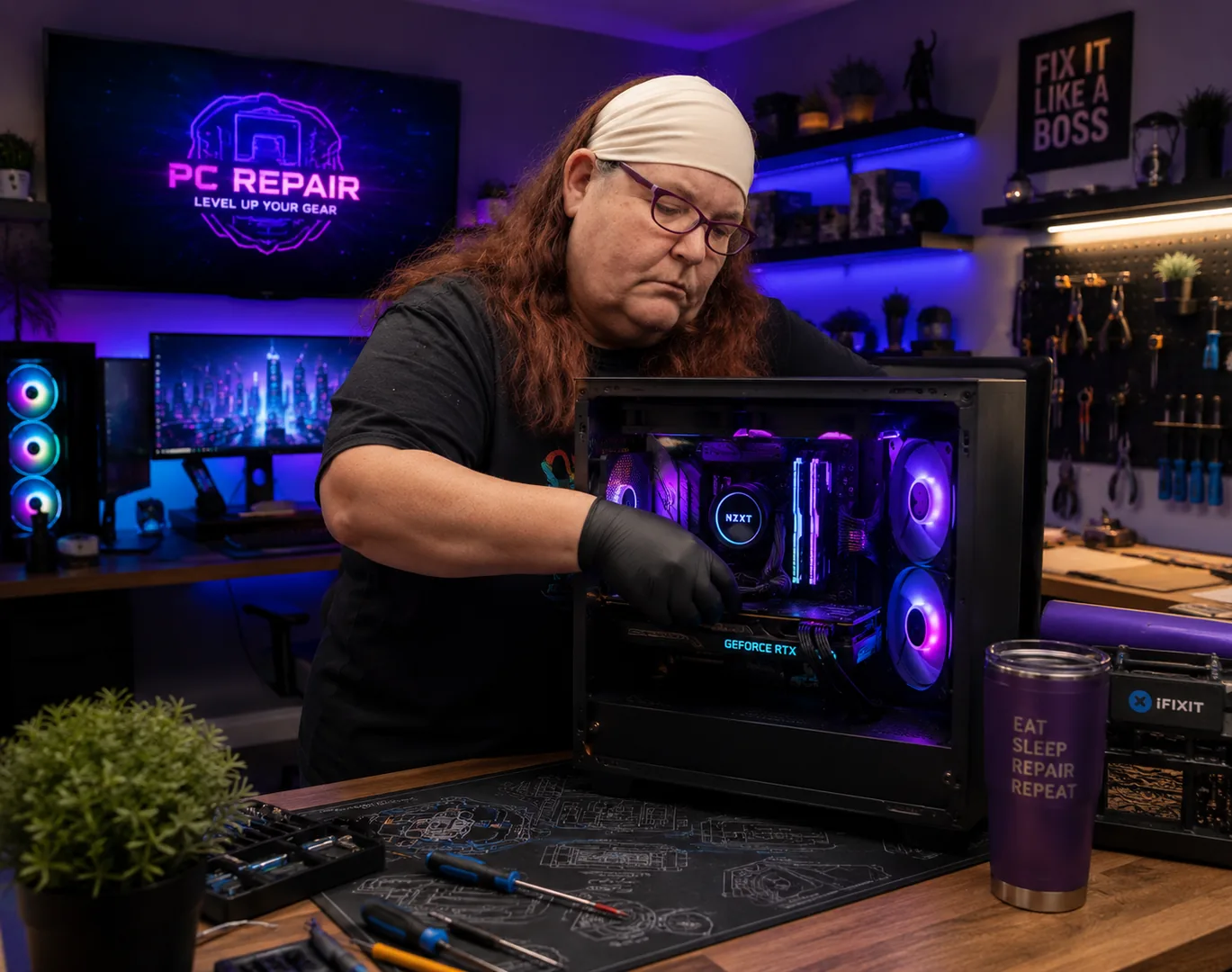 Experienced computer technician repairing a custom gaming PC at Creighton Computer Services LLC in Creighton, Missouri.