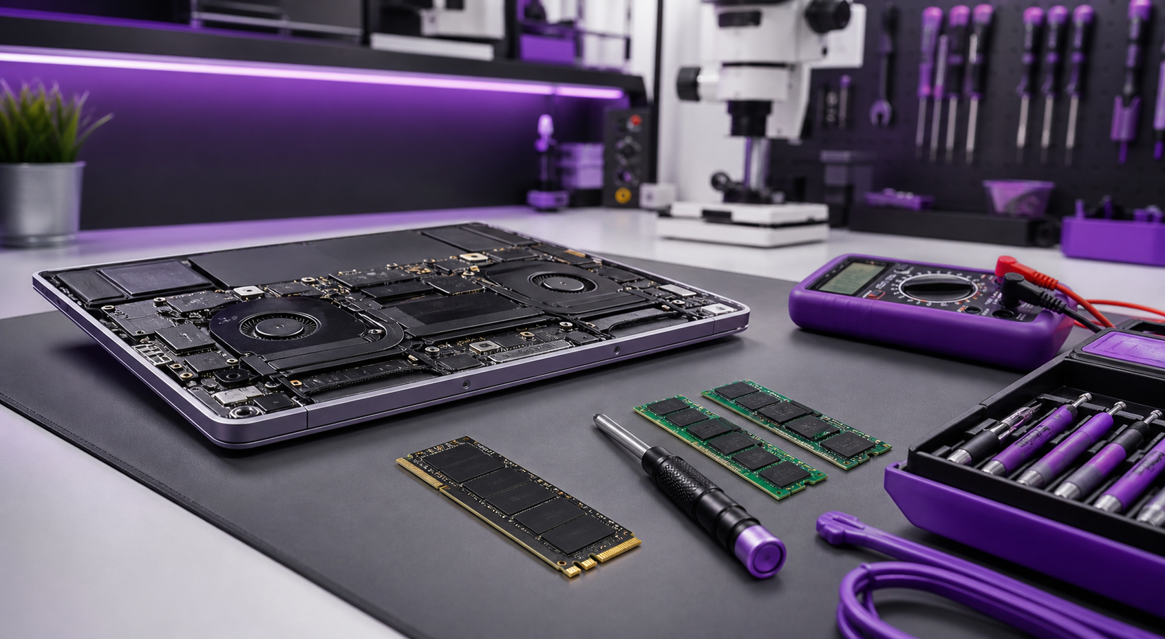 Computer repair bench with laptop SSD and RAM upgrade tools